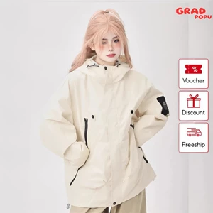 Áo khoác gió nữ có mũ GRADPOPU PAK26 cổ đứng dáng dài rộng dày trùm mông chắn gió chống nắng đa năng