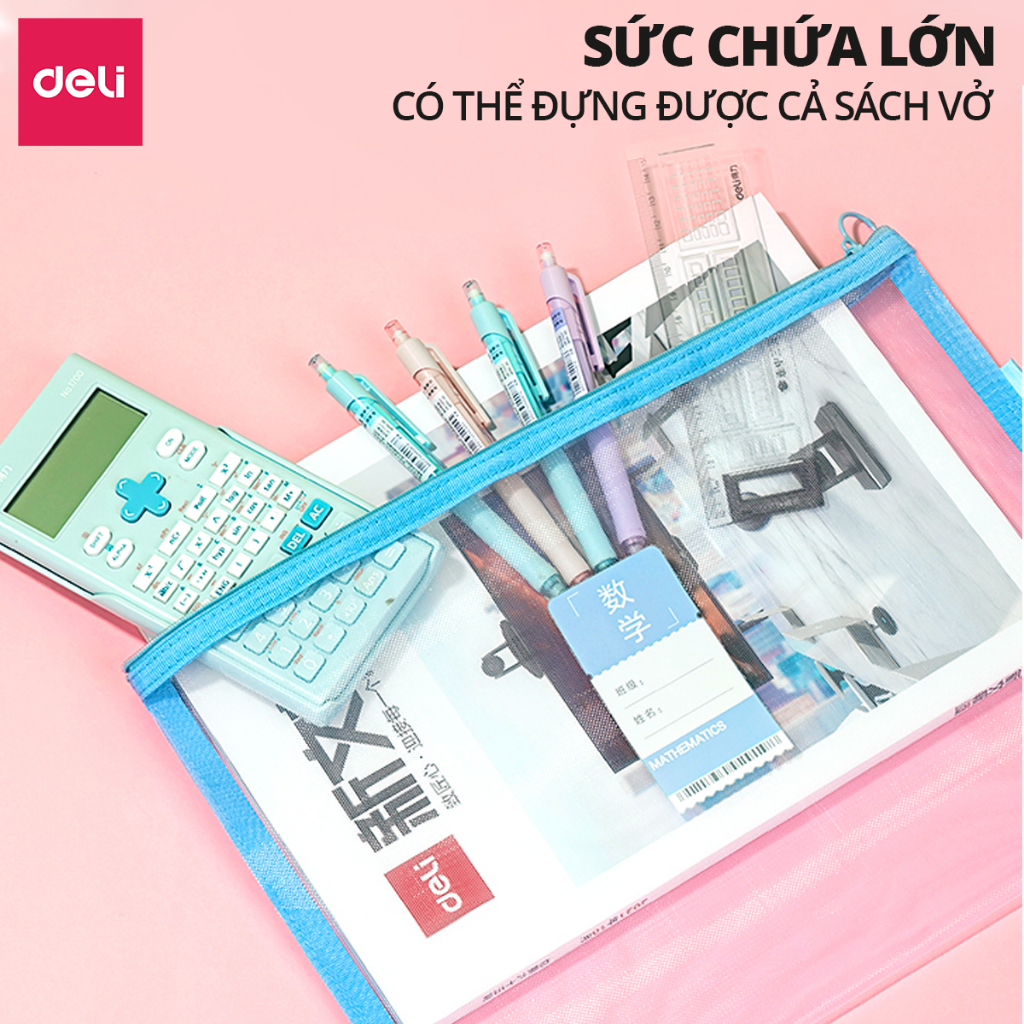 Túi Đựng Bút, Bóp Viết Lưới Pastel Trong Suốt Deli - Kích Thước A5 - Hộp Bút Chống Thấm Nước, Sức Chứa Lớn Cho Học Sinh