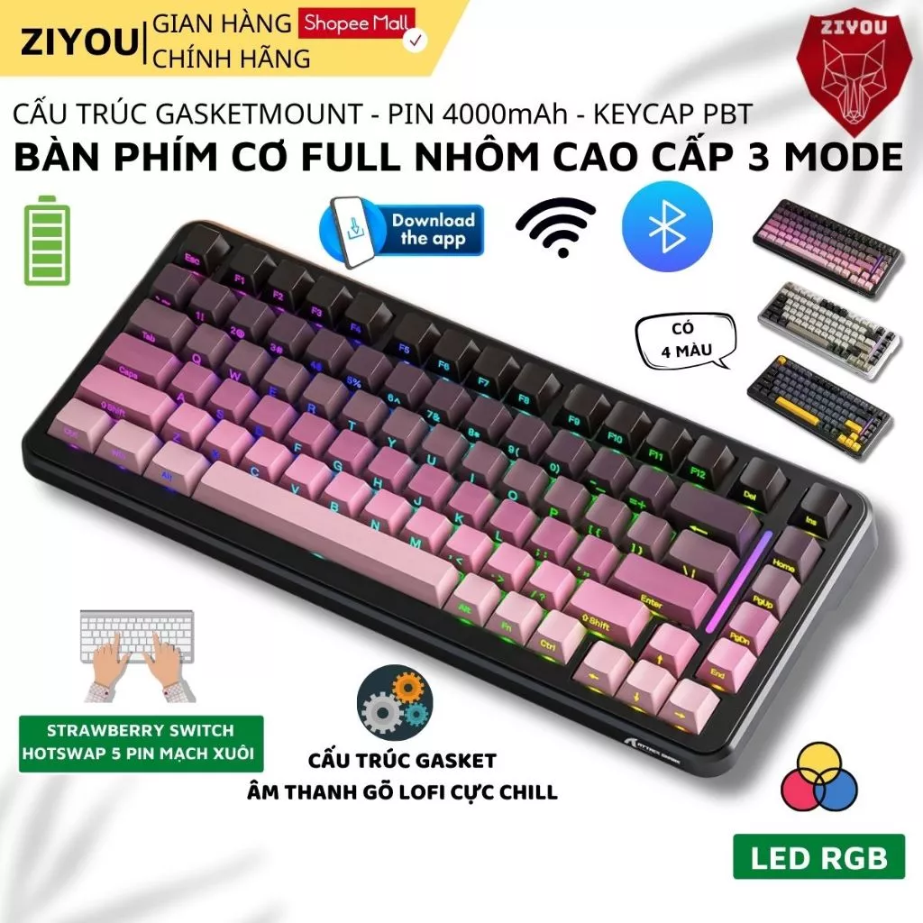 Bàn Phím Cơ Bluetooth Không Dây Ziyou Attack Shark M86 Gaming LED RGB Có App Hotswap Pin Sạc