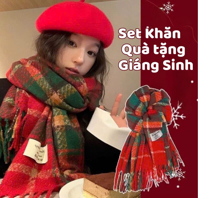 Set Quà Khăn Kẻ đỏ Giáng Sinh Ấm Áp Cao Cấp Cổ Điển, Khăn Dạ Len Cho Nữ Hàn Quốc
