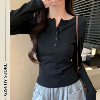 (XẢ KHO) Áo Thun Kiểu Dài Tay GISCHY  Kèm Cúc Bấm Form Dáng Ngắn Basic Dễ Phối Đồ-A20