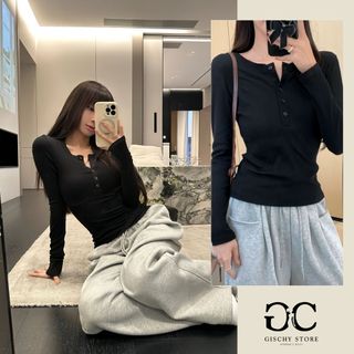 (XẢ KHO) Áo Thun Kiểu Dài Tay GISCHY  Kèm Cúc Bấm Form Dáng Ngắn Basic Dễ Phối Đồ-A20