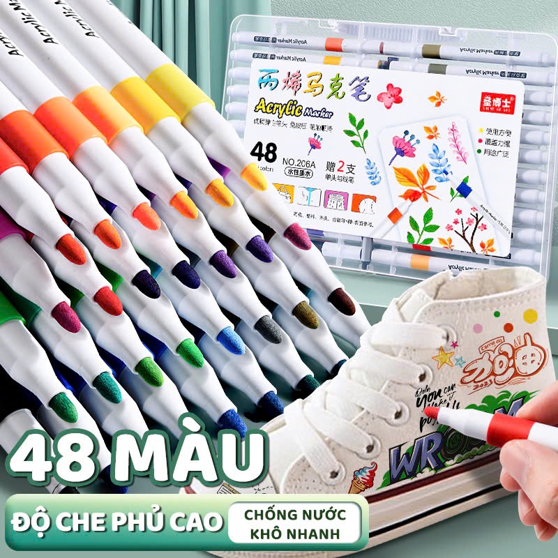 Bút Màu Acrylic Marker Cho Bé, Bút Acrylic Trắng 60 Màu Cao Cấp Vẽ Lên Nhiều Chất Liệu
