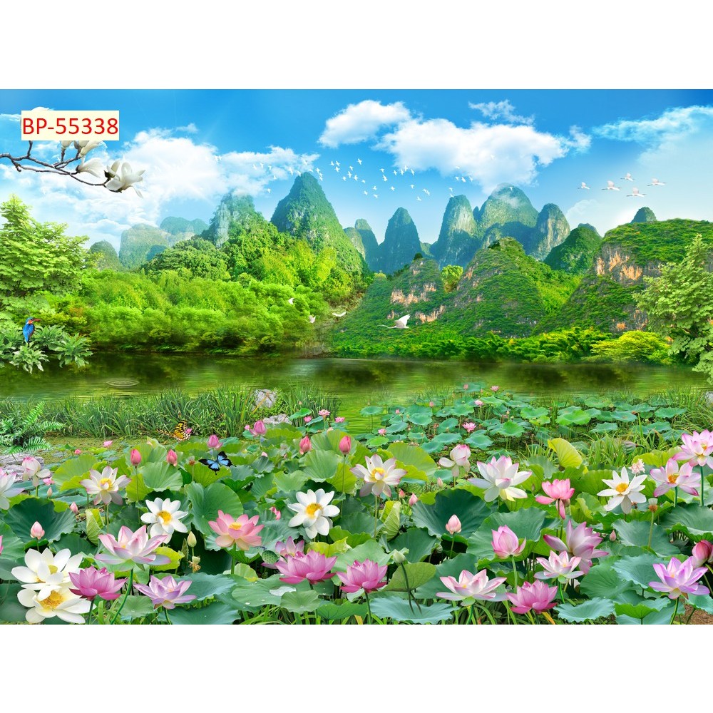 Mẫu tranh dán tường lụa 3D cao cấp chủ đề phong cảnh hồ nước hoa sen thơ mộng
