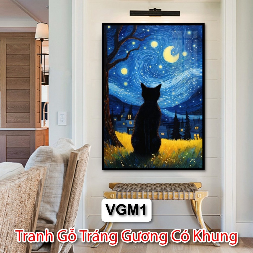 Tranh Mèo Van Gogh Nghệ Thuật Hiện Đại - Tranh Gỗ Tráng Gương Trang Trí Phòng Khách - Phòng Ngủ - Tranh Khách Sạn
