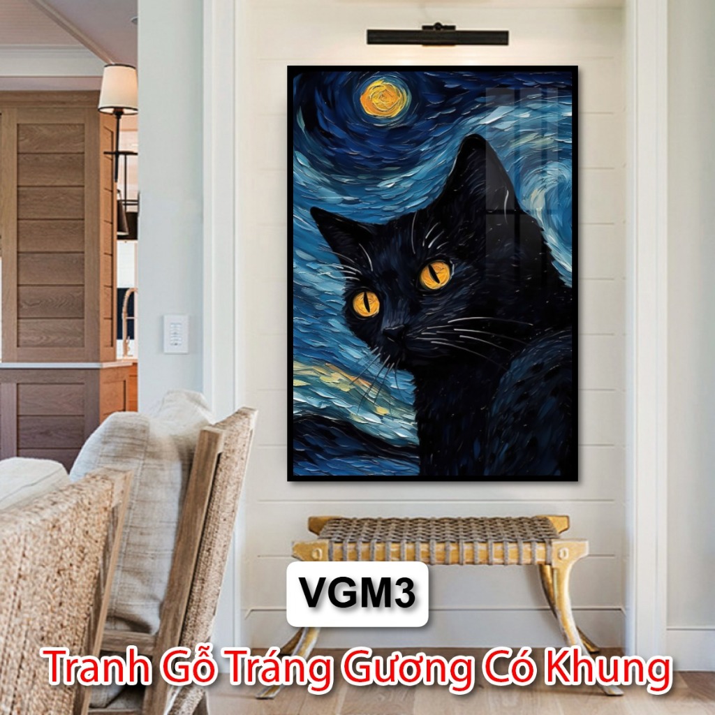 Tranh Mèo Van Gogh Nghệ Thuật Hiện Đại - Tranh Gỗ Tráng Gương Trang Trí Phòng Khách - Phòng Ngủ - Tranh Khách Sạn