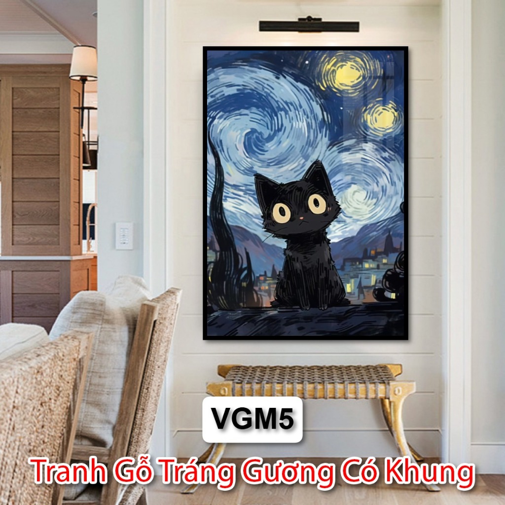 Tranh Mèo Van Gogh Nghệ Thuật Hiện Đại - Tranh Gỗ Tráng Gương Trang Trí Phòng Khách - Phòng Ngủ - Tranh Khách Sạn