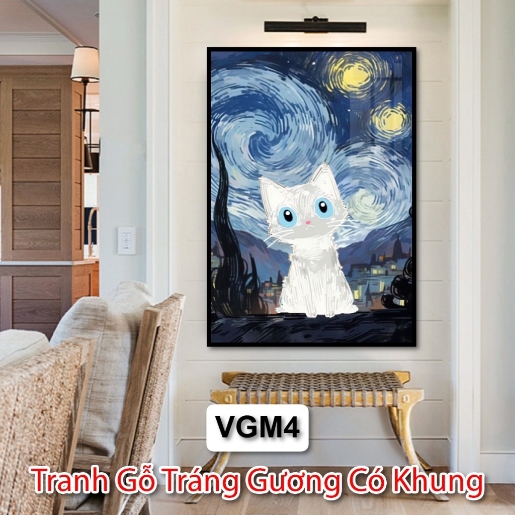 Tranh Mèo Van Gogh Nghệ Thuật Hiện Đại - Tranh Gỗ Tráng Gương Trang Trí Phòng Khách - Phòng Ngủ - Tranh Khách Sạn