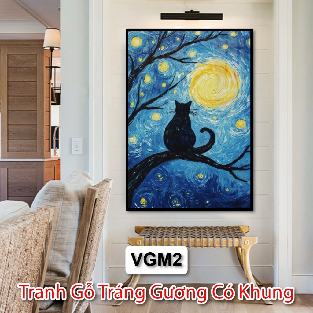 Tranh Mèo Van Gogh Nghệ Thuật Hiện Đại - Tranh Gỗ Tráng Gương Trang Trí Phòng Khách - Phòng Ngủ - Tranh Khách Sạn