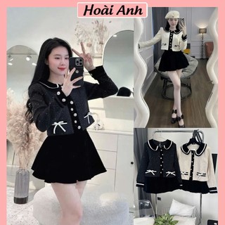 Set Bộ Đồ Nữ Áo Dạ Nhũ 2 Lớp Phối Nhung Cổ Sen Viền Trắng Đính Nơ Giả Túi Mix Chân Váy Nhung Xếp Ly Freesize