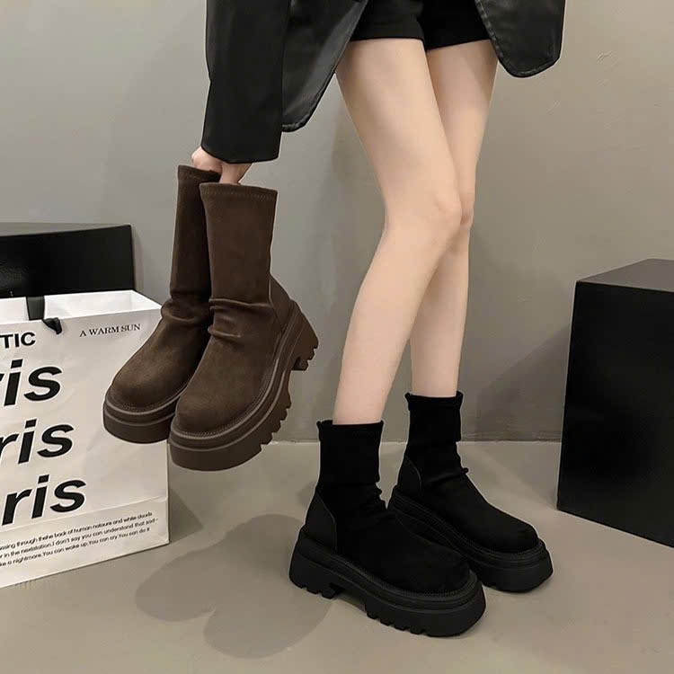 Giày Bốt Nữ Boost Da Trơn Cổ Cao Đế Độn Thời Trang Phong Cách B006 - NT Shoes