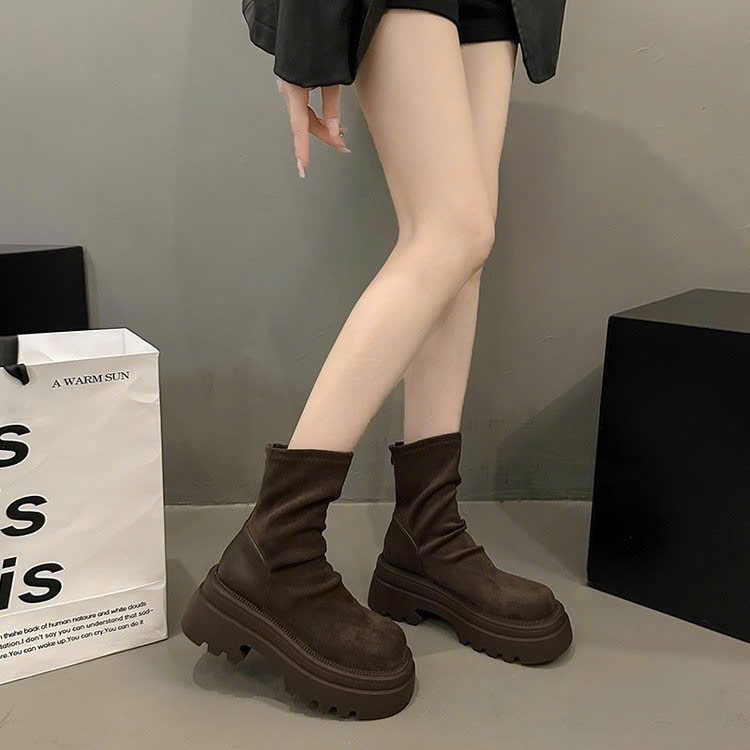 Giày Bốt Nữ Boost Da Trơn Cổ Cao Đế Độn Thời Trang Phong Cách B006 - NT Shoes