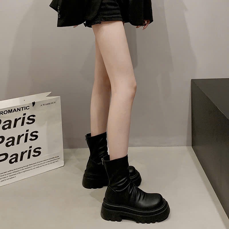 Giày Bốt Nữ Boost Da Trơn Cổ Cao Đế Độn Thời Trang Phong Cách B006 - NT Shoes