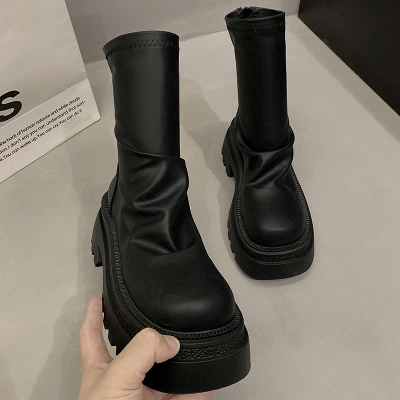 Giày Bốt Nữ Boost Da Trơn Cổ Cao Đế Độn Thời Trang Phong Cách B006 - NT Shoes