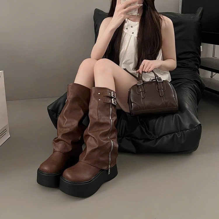 Giày Bốt Nữ Boost Da Trơn Cổ Cao Khóa Kéo Thời Trang Đế Độn Năng Động B007 - NT Shoes