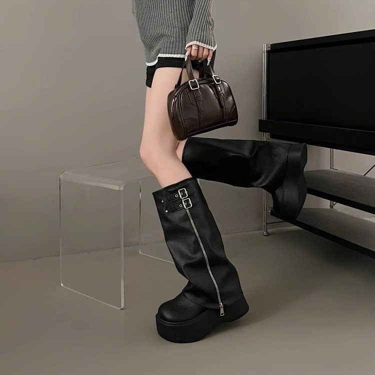 Giày Bốt Nữ Boost Da Trơn Cổ Cao Khóa Kéo Thời Trang Đế Độn Năng Động B007 - NT Shoes
