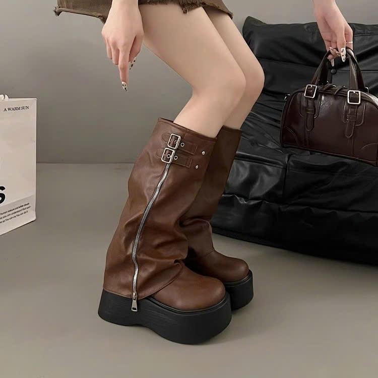 Giày Bốt Nữ Boost Da Trơn Cổ Cao Khóa Kéo Thời Trang Đế Độn Năng Động B007 - NT Shoes