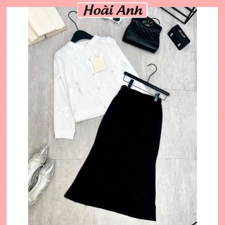Set Bộ Đồ Nữ Áo Khoác Len Thỏ Trắng Cúc Cài Đính Nơ Trắng Nổi Mix Chân Váy Đen Dáng Dài Freesize