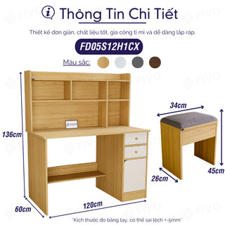 [TRẢ GÓP 0%] Bộ Bàn Ghế Làm Việc, Học Tập Gỗ Kết Hợp Kệ Sách FIVO FD05, Ngăn Kệ Rộng Rãi, Kích Thước Cao 136cm