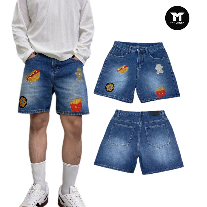 QUẦN SHORT JEANS THÊU “BIG STICKERS ” - Unisex Nam Nữ, Form Tren Gối (Có Túi, Menswear) | TMTD24