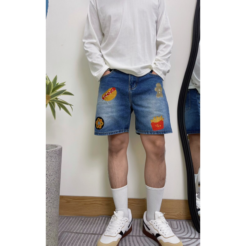 QUẦN SHORT JEANS THÊU “BIG STICKERS ” - Unisex Nam Nữ, Form Tren Gối (Có Túi, Menswear) | TMTD24