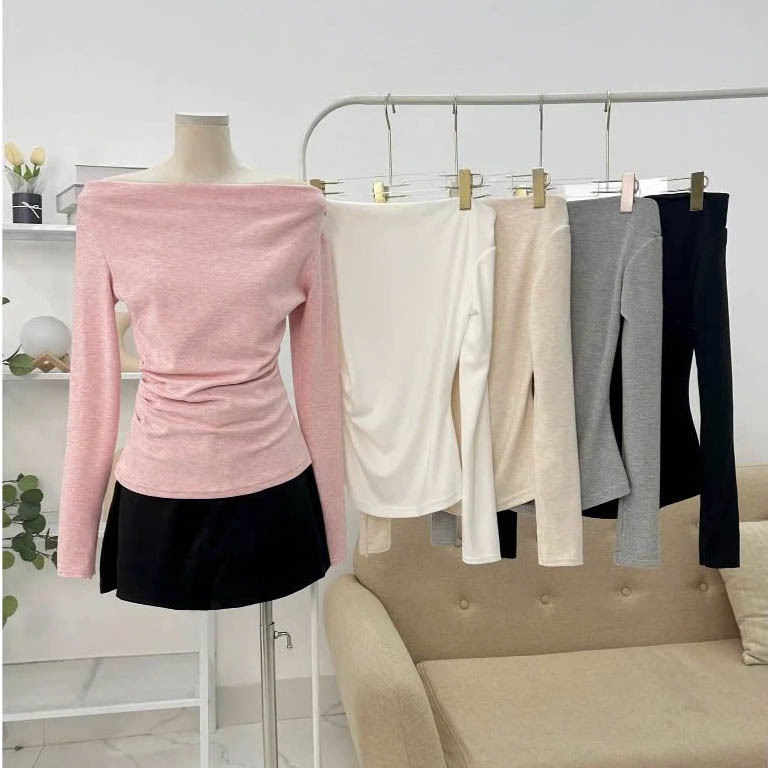 Áo Thun Lệch Vai Dài Tay Nhún Eo Mẫu Mới Vải Tăm Lông Thỏ Hàng Đẹp Cao Cấp Dày Dặn Mặc Ấm Form Xinh m88