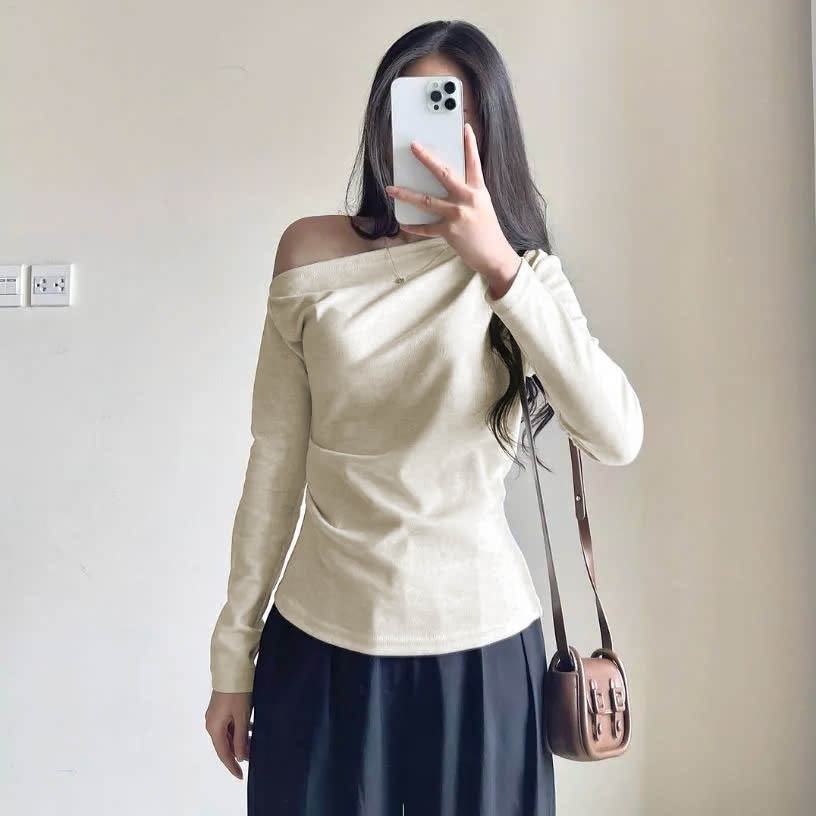 Áo Thun Lệch Vai Dài Tay Nhún Eo Mẫu Mới Vải Tăm Lông Thỏ Hàng Đẹp Cao Cấp Dày Dặn Mặc Ấm Form Xinh m88
