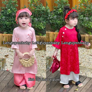 bộ áo dài Hân Nhiên Và Giai Tuệ gấm lụa cao cấp [TẶNG KHĂN / BỜM] cho bé gái mặc đi chơi lễ hội, lễ tết