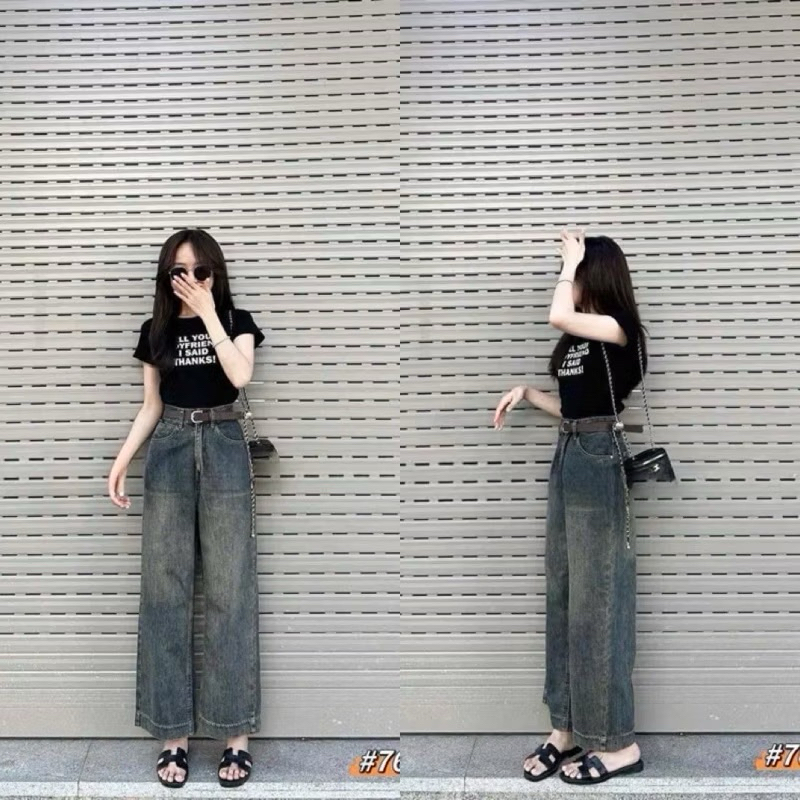 Quần denim nữ ống rộng dáng dài cạp cao siêu hot