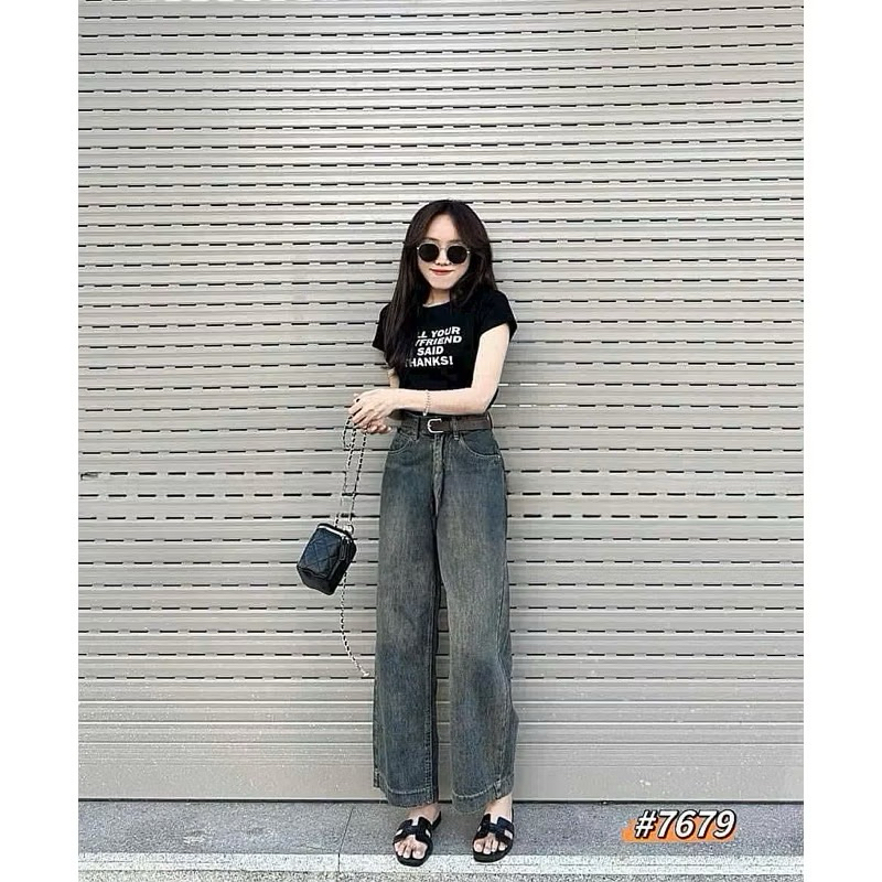 Quần denim nữ ống rộng dáng dài cạp cao siêu hot
