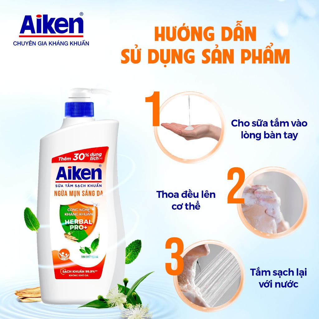 Sữa tắm sạch khuẩn Aiken thảo mộc dưỡng ẩm mềm mịn/ ngừa mụn sáng da 845G - Live