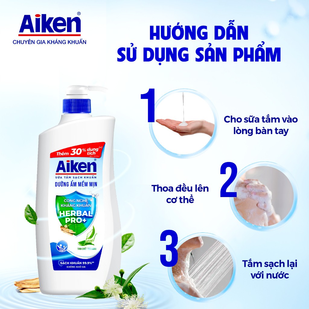 Sữa tắm sạch khuẩn Aiken thảo mộc dưỡng ẩm mềm mịn/ ngừa mụn sáng da 845G - Live