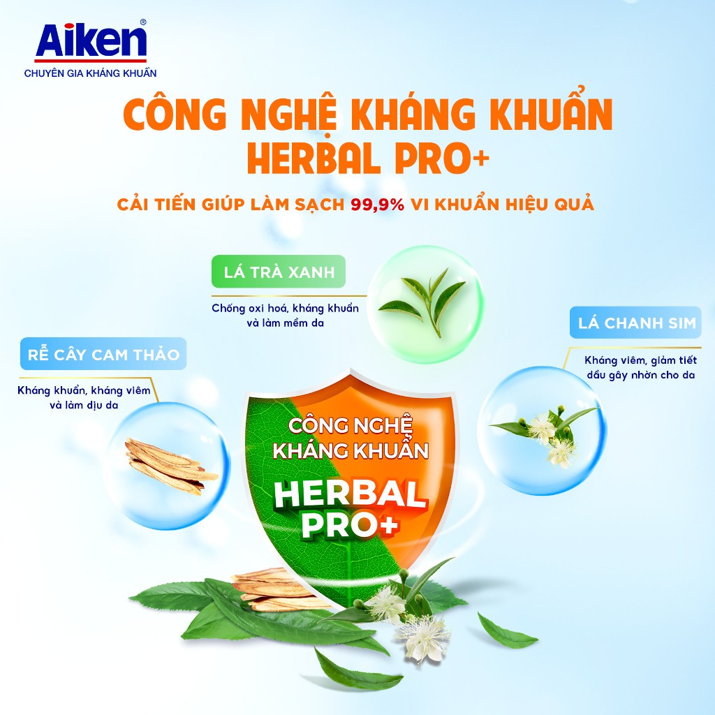 Sữa tắm sạch khuẩn Aiken thảo mộc dưỡng ẩm mềm mịn/ ngừa mụn sáng da 845G - Live