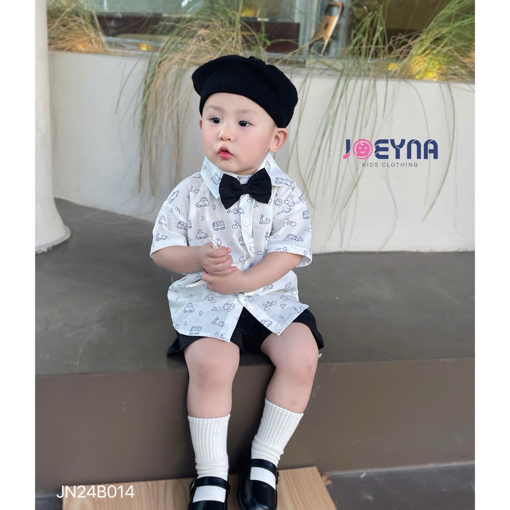 (tặng kèm nơ) Bộ sơ mi Joeyna B014 họa tiết ô tô  cho bé 8-23kg