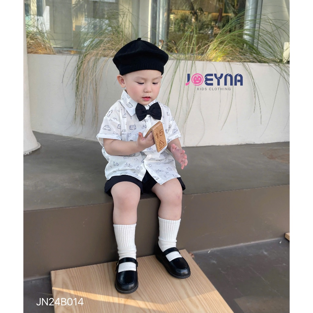 (tặng kèm nơ) Bộ sơ mi Joeyna B014 họa tiết ô tô  cho bé 8-23kg