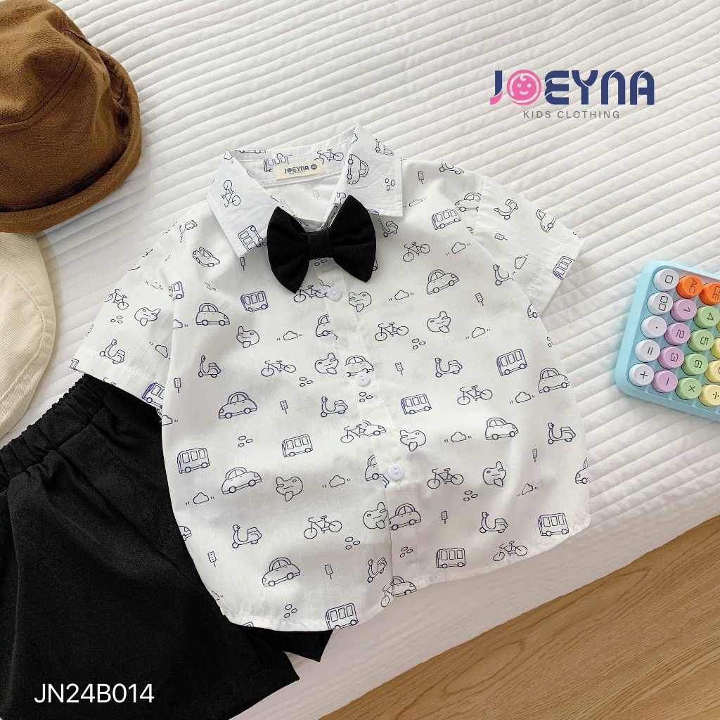 (tặng kèm nơ) Bộ sơ mi Joeyna B014 họa tiết ô tô  cho bé 8-23kg