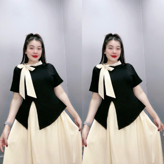 Set tiểu thư bigsize nữ áo tay ngắn cổ thắt nơ cách điệu phối cùng chân váy maxi lụa phong cách thanh lịch SET848