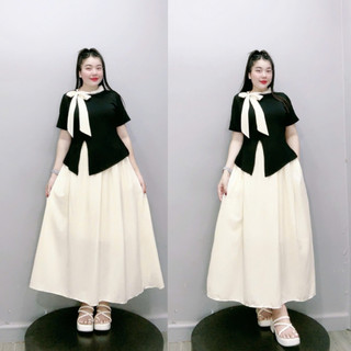 Set tiểu thư bigsize nữ áo tay ngắn cổ thắt nơ cách điệu phối cùng chân váy maxi lụa phong cách thanh lịch SET848