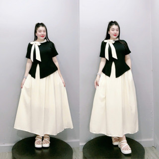 Set tiểu thư bigsize nữ áo tay ngắn cổ thắt nơ cách điệu phối cùng chân váy maxi lụa phong cách thanh lịch SET848