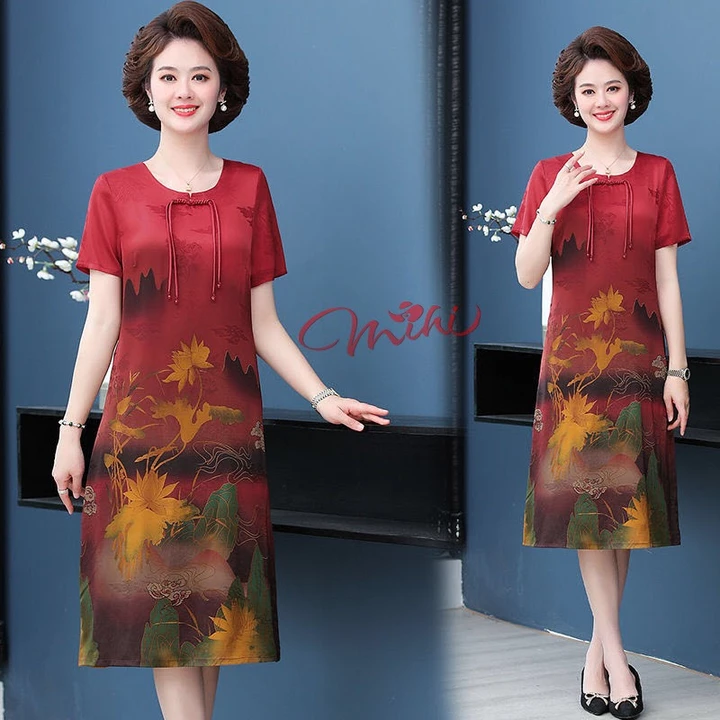 Đầm lụa trung niên cao cấp V39 - Váy đi tiệc cho mẹ - Váy đầm dáng suông A Bigsize - Thời trang trung niên