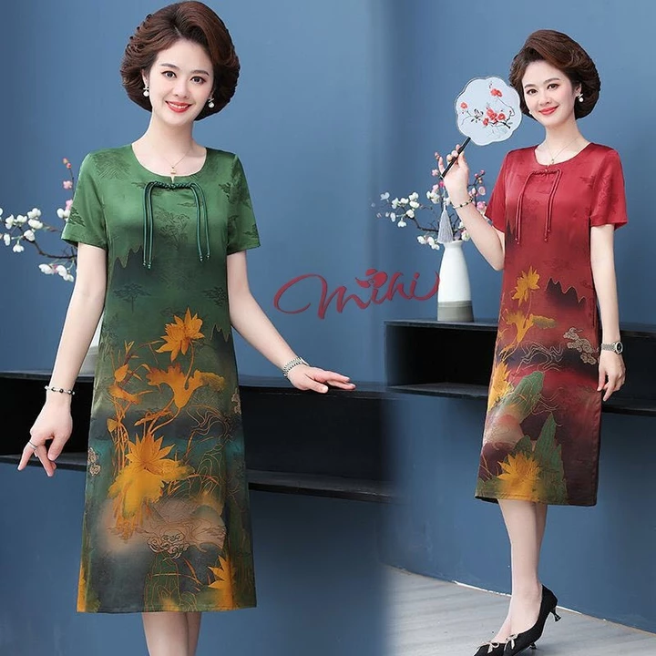 Đầm lụa trung niên cao cấp V39 - Váy đi tiệc cho mẹ - Váy đầm dáng suông A Bigsize - Thời trang trung niên