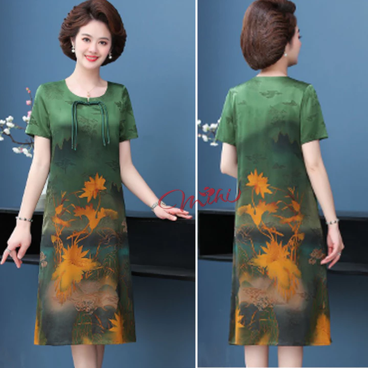 Đầm lụa trung niên cao cấp V39 - Váy đi tiệc cho mẹ - Váy đầm dáng suông A Bigsize - Thời trang trung niên