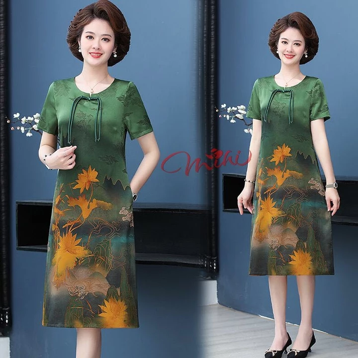 Đầm lụa trung niên cao cấp V39 - Váy đi tiệc cho mẹ - Váy đầm dáng suông A Bigsize - Thời trang trung niên