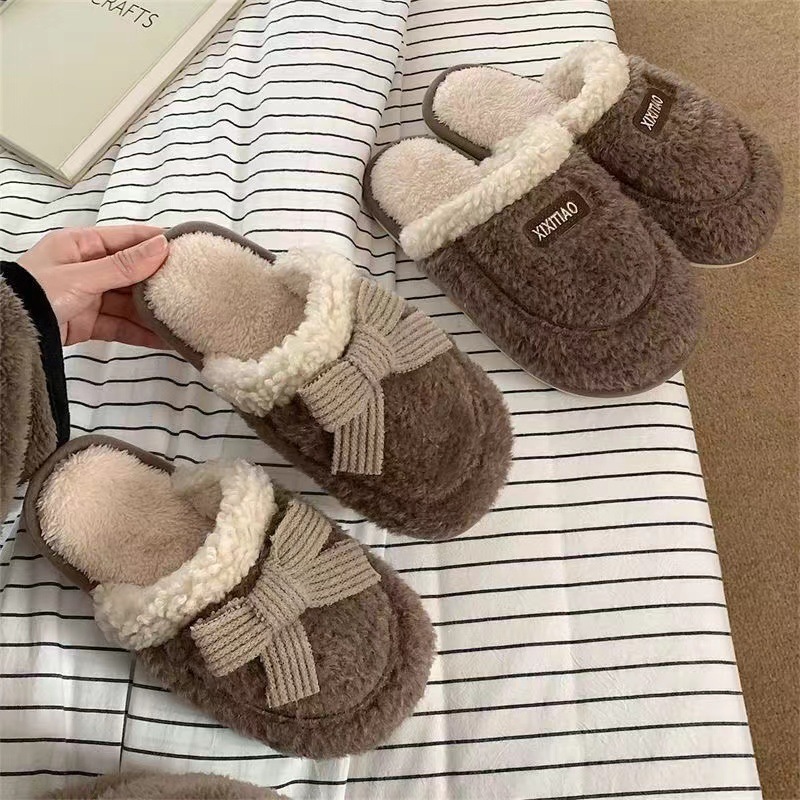 Dép bông Asparagus đi trong nhà mùa đông chống trơn trượt họa tiết nơ siêu cute