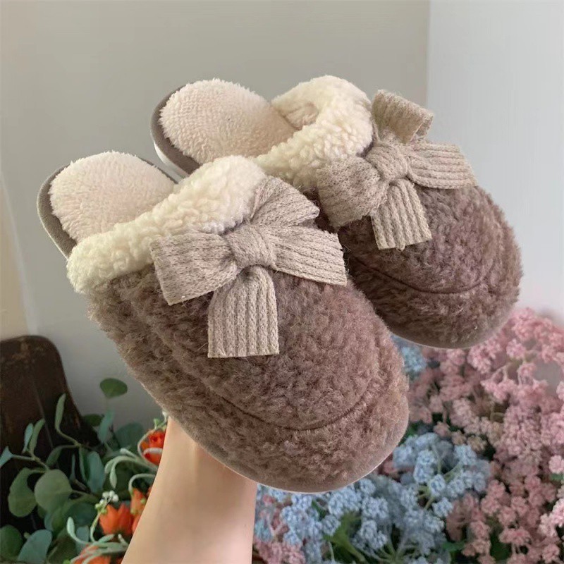 Dép bông Asparagus đi trong nhà mùa đông chống trơn trượt họa tiết nơ siêu cute