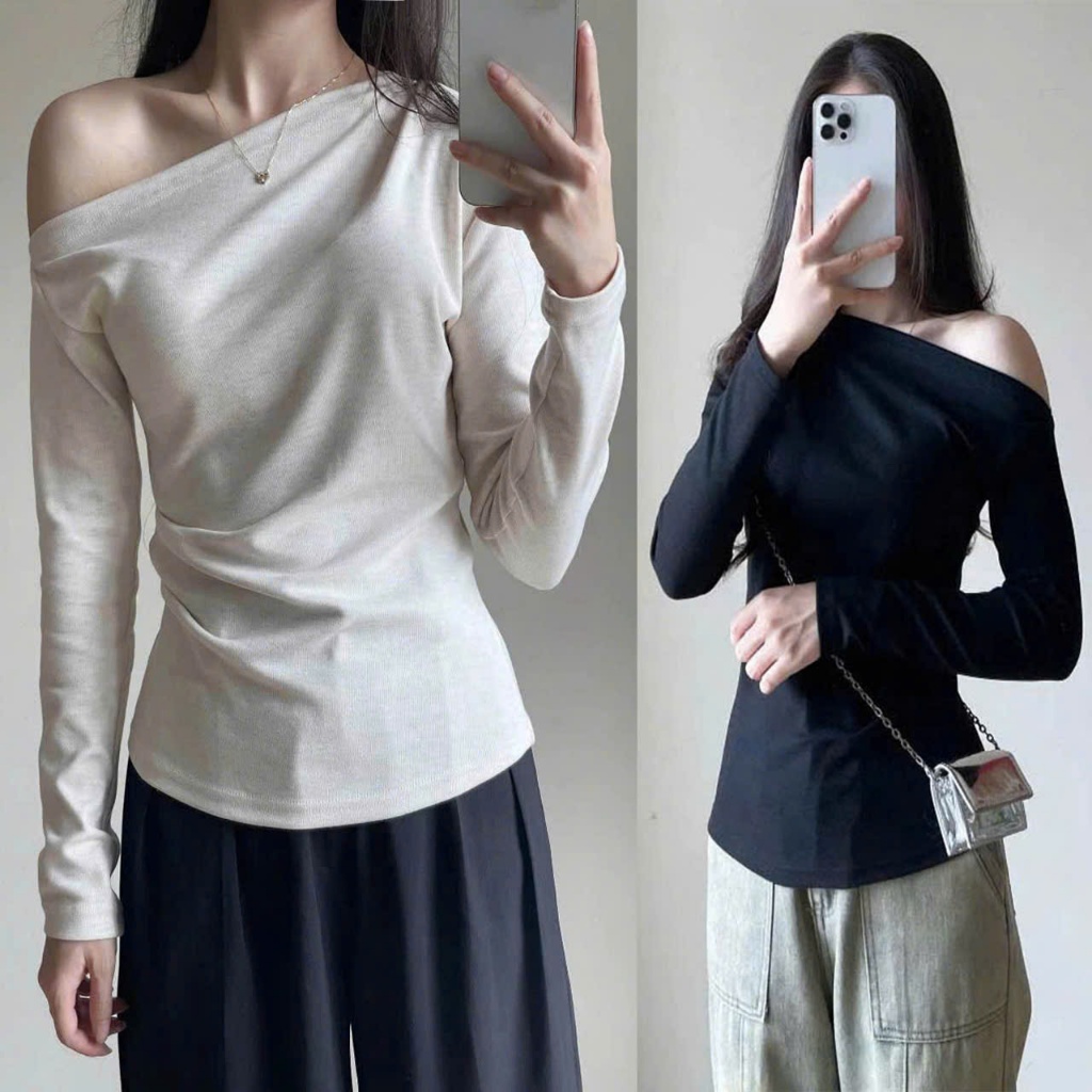 Áo Thun Lệch Vai Dài Tay Nhún Eo Mẫu Mới Vải Tăm Lông Thỏ Hàng Đẹp Cao Cấp Dày Dặn Mặc Ấm Form Xinh m88