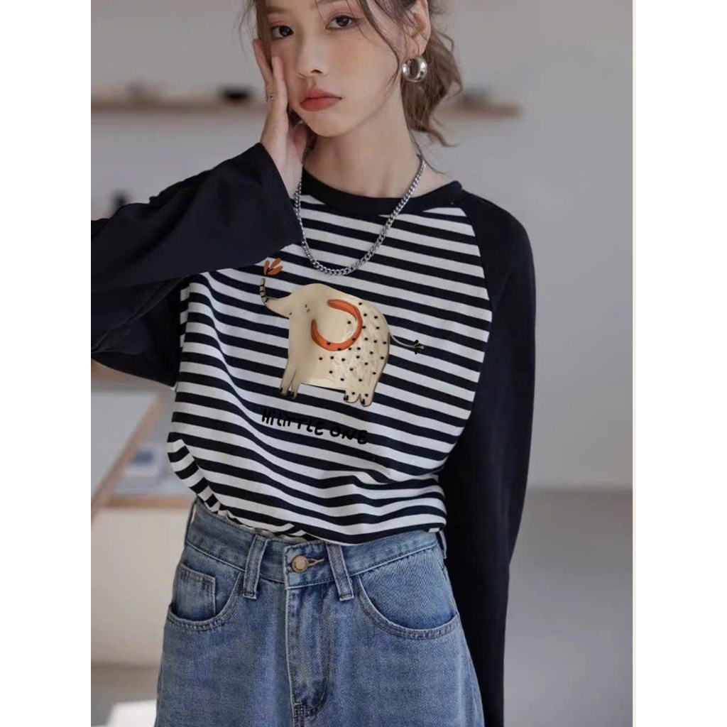 Áo thun nữ dài tay kẻ sọc trắng đen phối màu in hình siêu xinh JULY FASHION, Áo thun Ragan tay dài dáng rộng Thun xượt