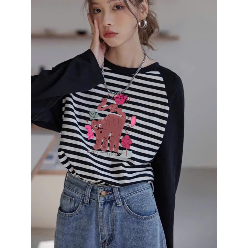 Áo thun nữ dài tay kẻ sọc trắng đen phối màu in hình siêu xinh JULY FASHION, Áo thun Ragan tay dài dáng rộng Thun xượt