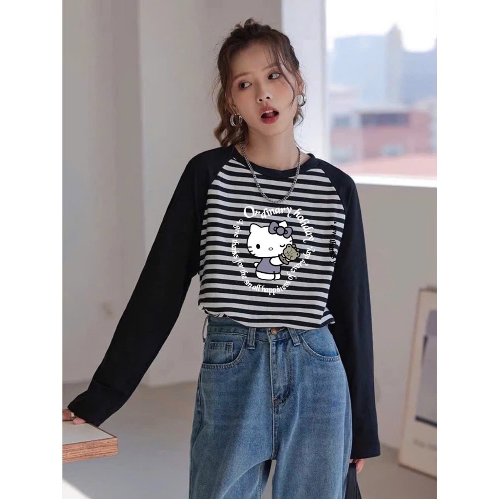 Áo thun nữ dài tay kẻ sọc trắng đen phối màu in hình siêu xinh JULY FASHION, Áo thun Ragan tay dài dáng rộng Thun xượt
