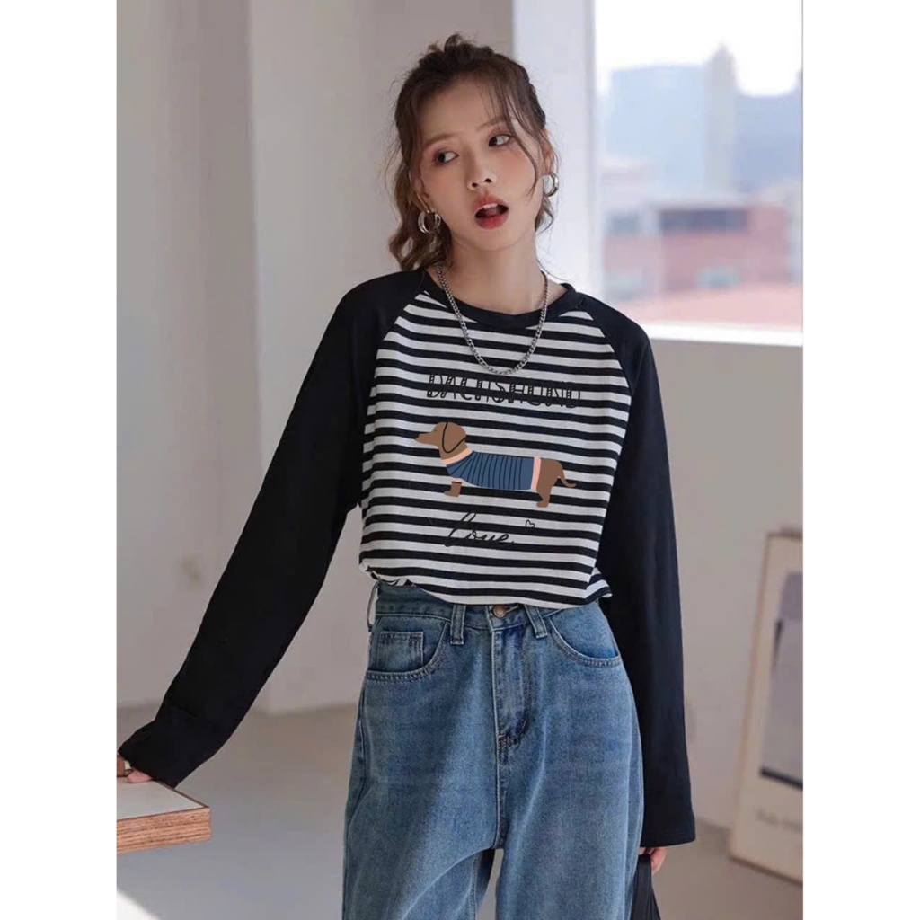 Áo thun nữ dài tay kẻ sọc trắng đen phối màu in hình siêu xinh JULY FASHION, Áo thun Ragan tay dài dáng rộng Thun xượt